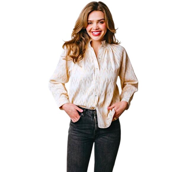 LaRoque Perry Gold and Cream Ruffle Collar Button Down Top – Size M – NWT - Picture 3 of 7